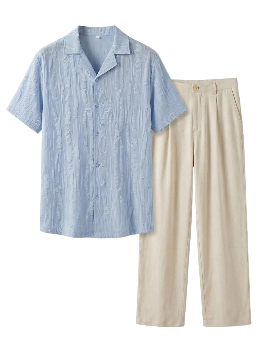 Light blue striped shirt and beige pants on a white background