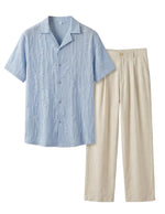 Light blue striped shirt and beige pants on a white background