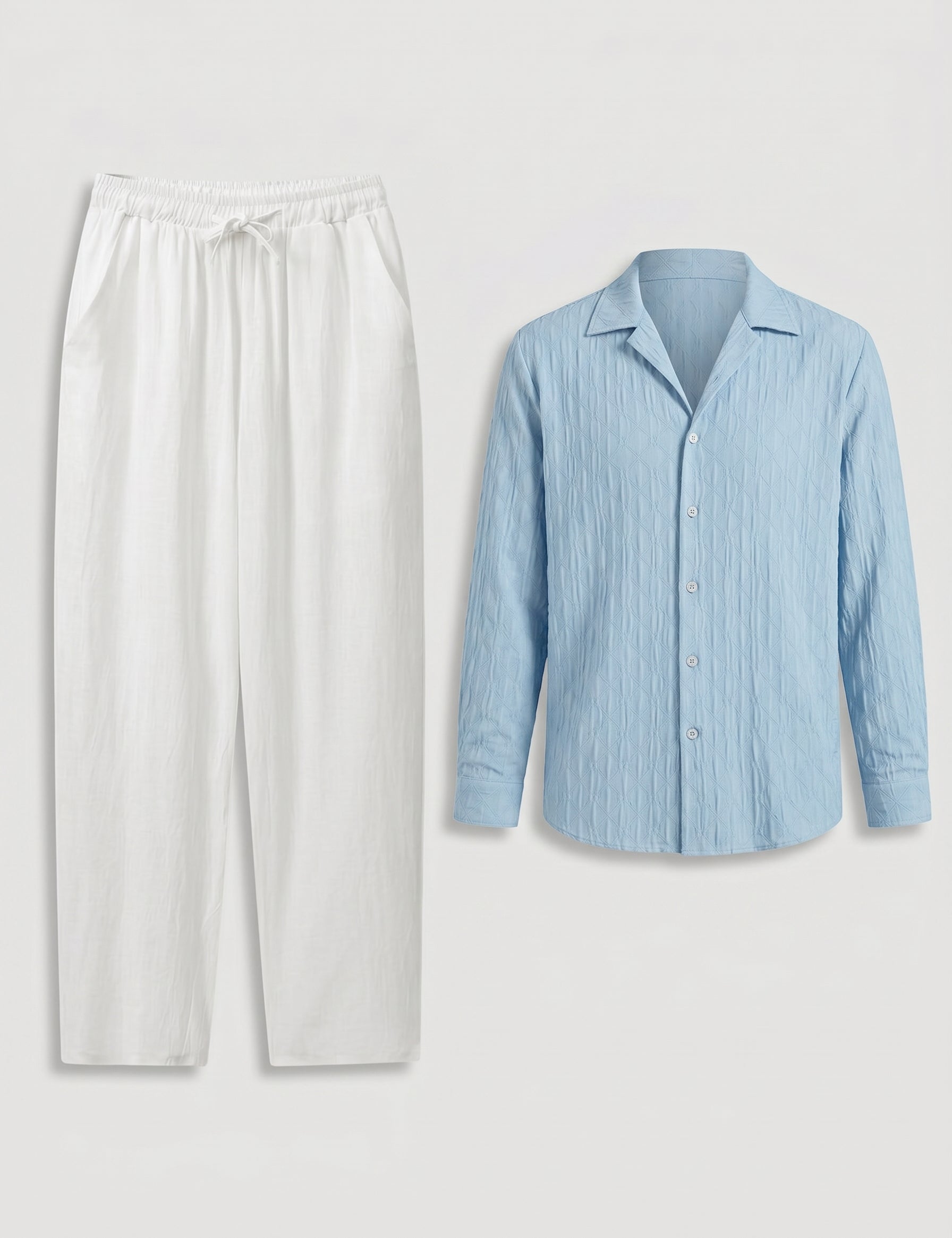 Light blue striped shirt and white pants on a light gray background