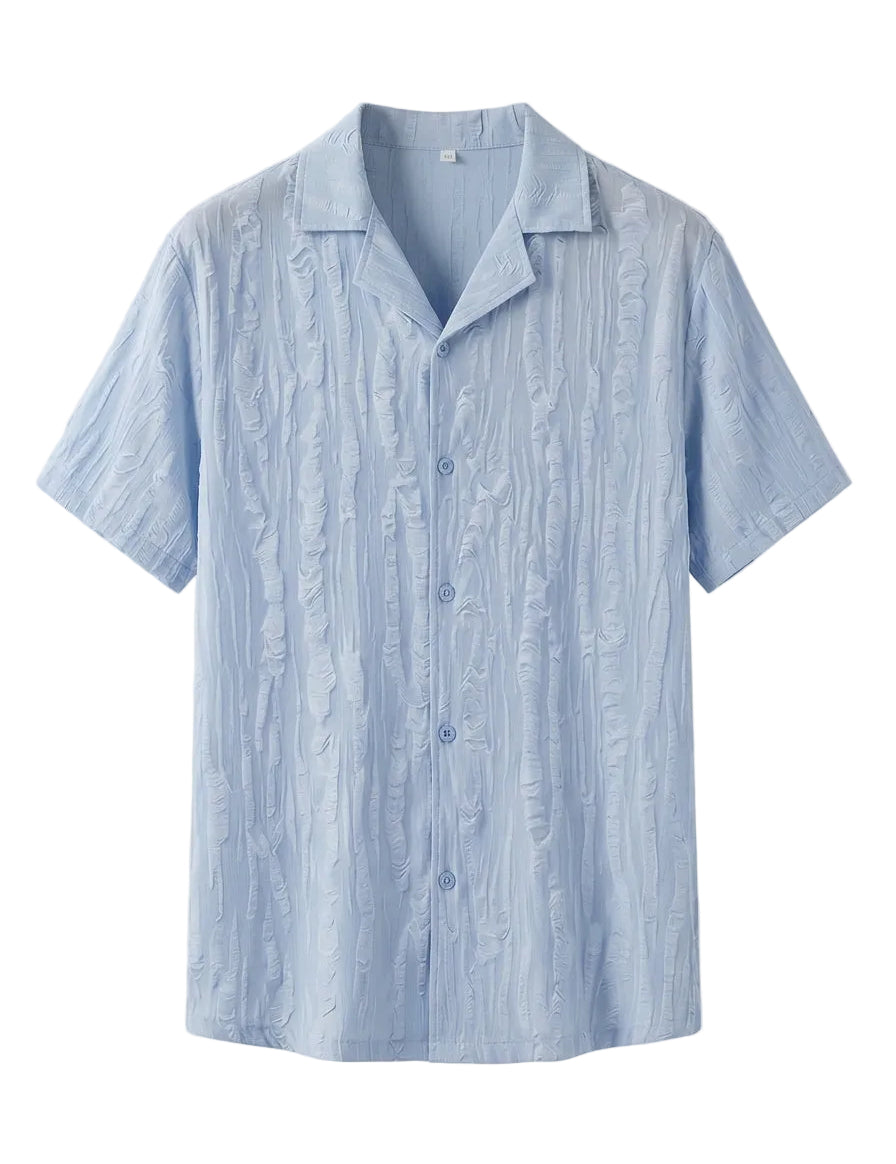Light blue striped short-sleeve shirt on a white background