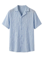 Light blue striped short-sleeve shirt on a white background