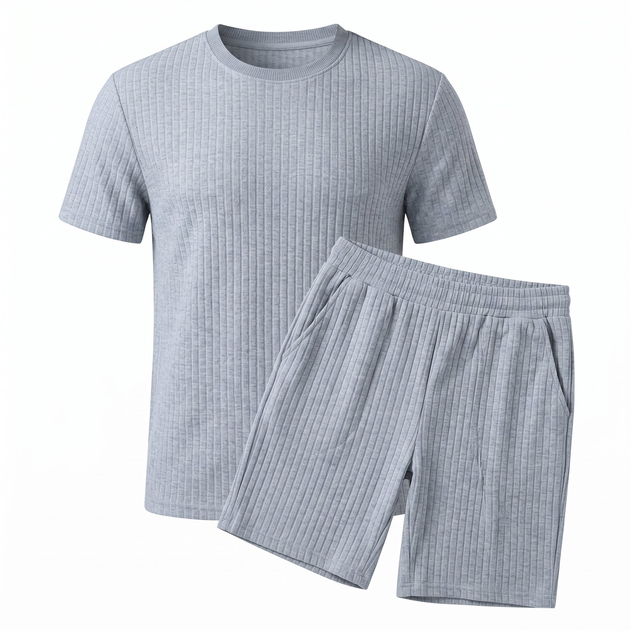 Light blue textured short-sleeve T-shirt with matching drawstring shorts on a white background.