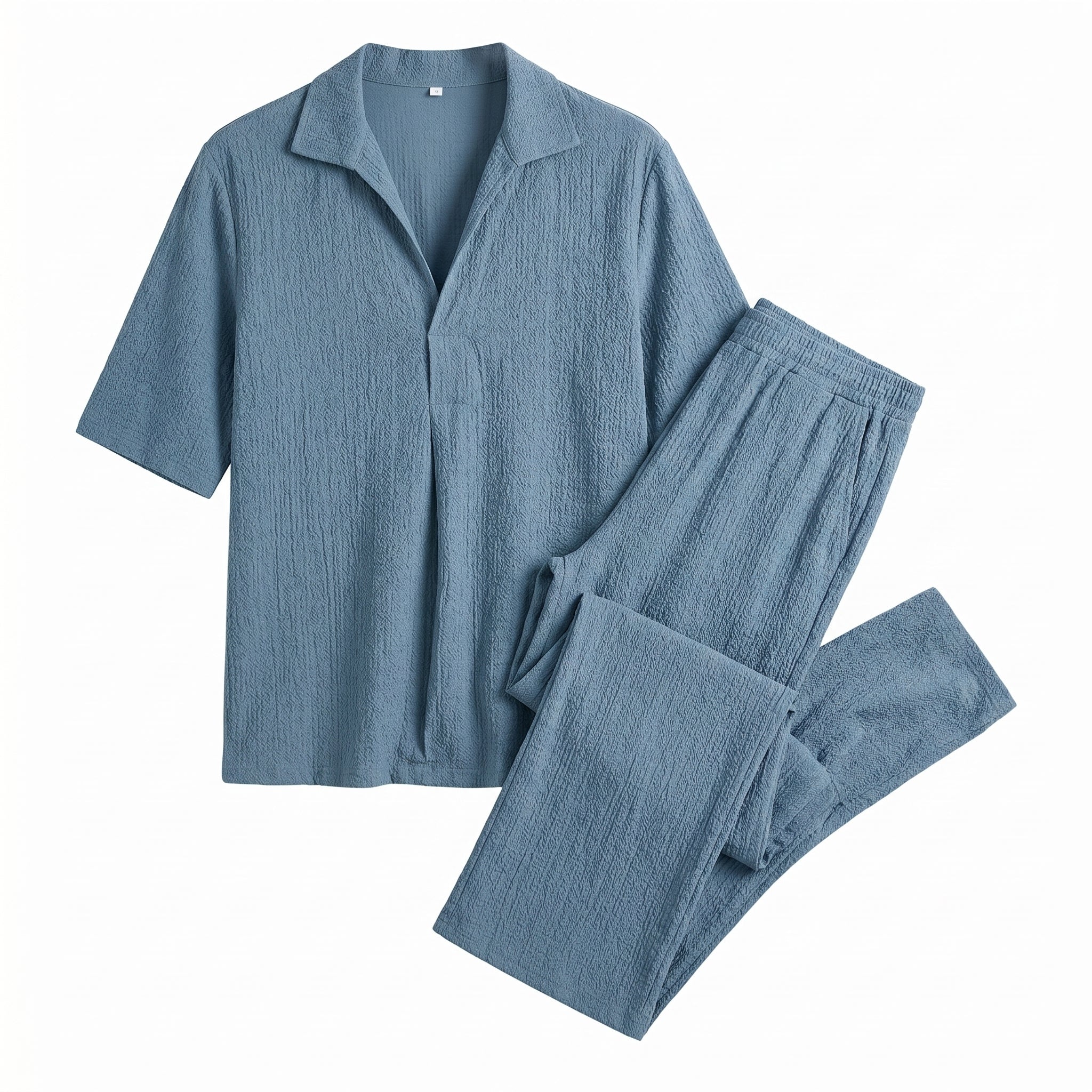 Light blue textured short-sleeve shirt with matching straight-leg pants on a white background.