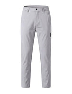 Light gray casual pants with tapered straight legs on a white background.