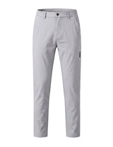Light gray casual pants with tapered straight legs on a white background.