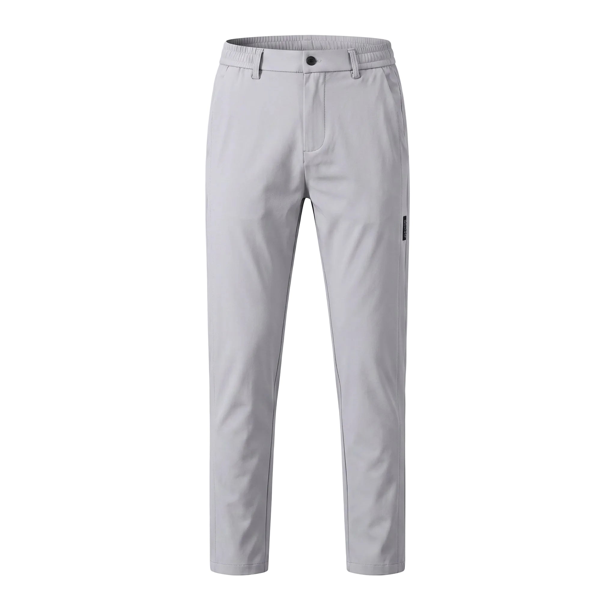 Light gray casual pants with tapered straight legs on a white background.