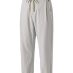 Light gray drawstring jogger pants with tapered legs on a white background.