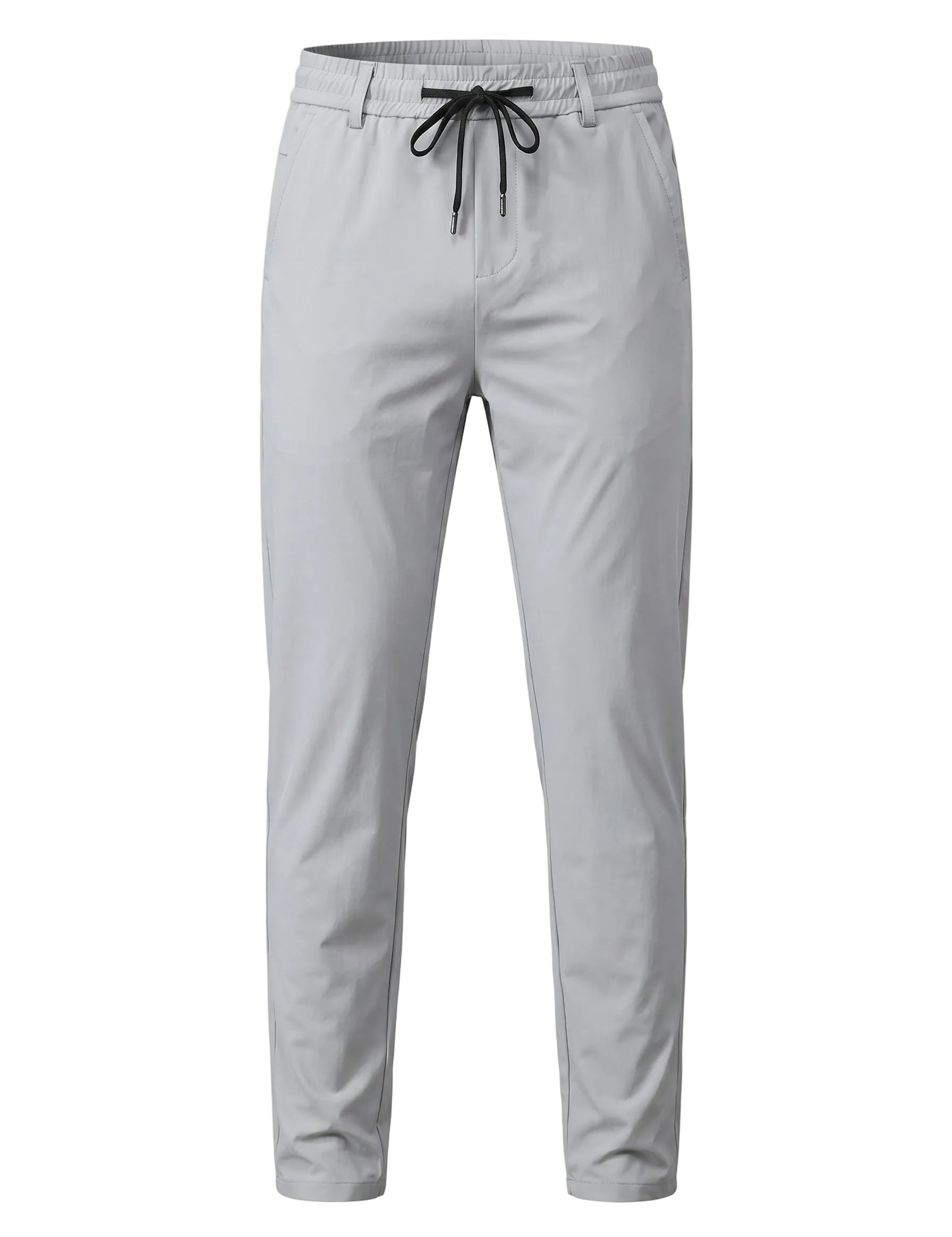 Light gray jogger pants with elastic waistband and tapered legs on a white background.