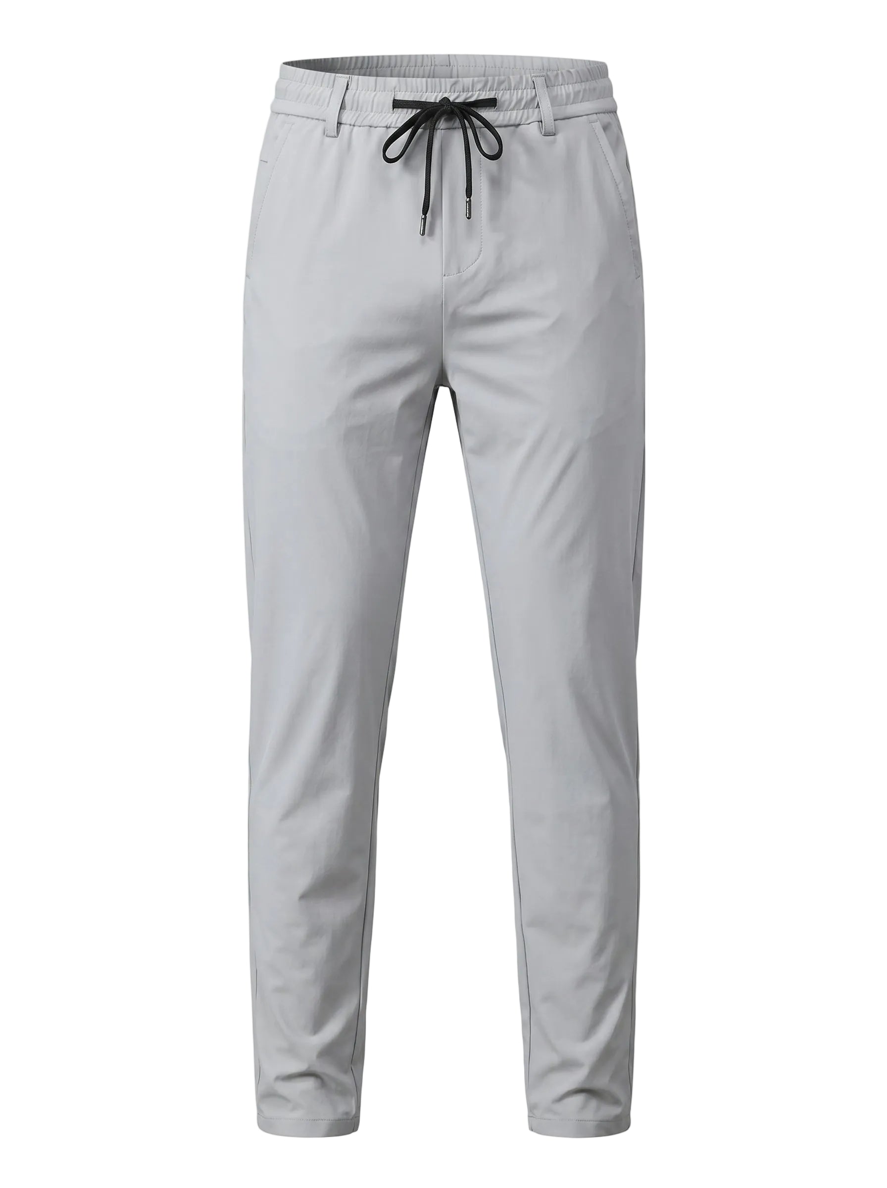 Light gray jogger pants with elastic waistband and tapered legs on a white background.
