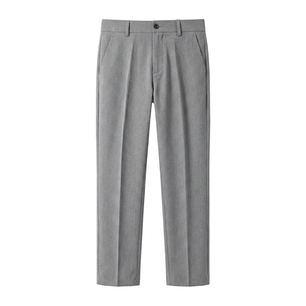 Light gray men’s pleated tailored pants with belt loops and side pockets