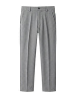 Light gray men’s pleated tailored pants with belt loops and side pockets