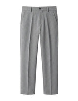 Light gray men’s pleated tailored pants with belt loops and side pockets