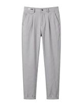 Light gray pleated tailored pants with straight legs on a white background.