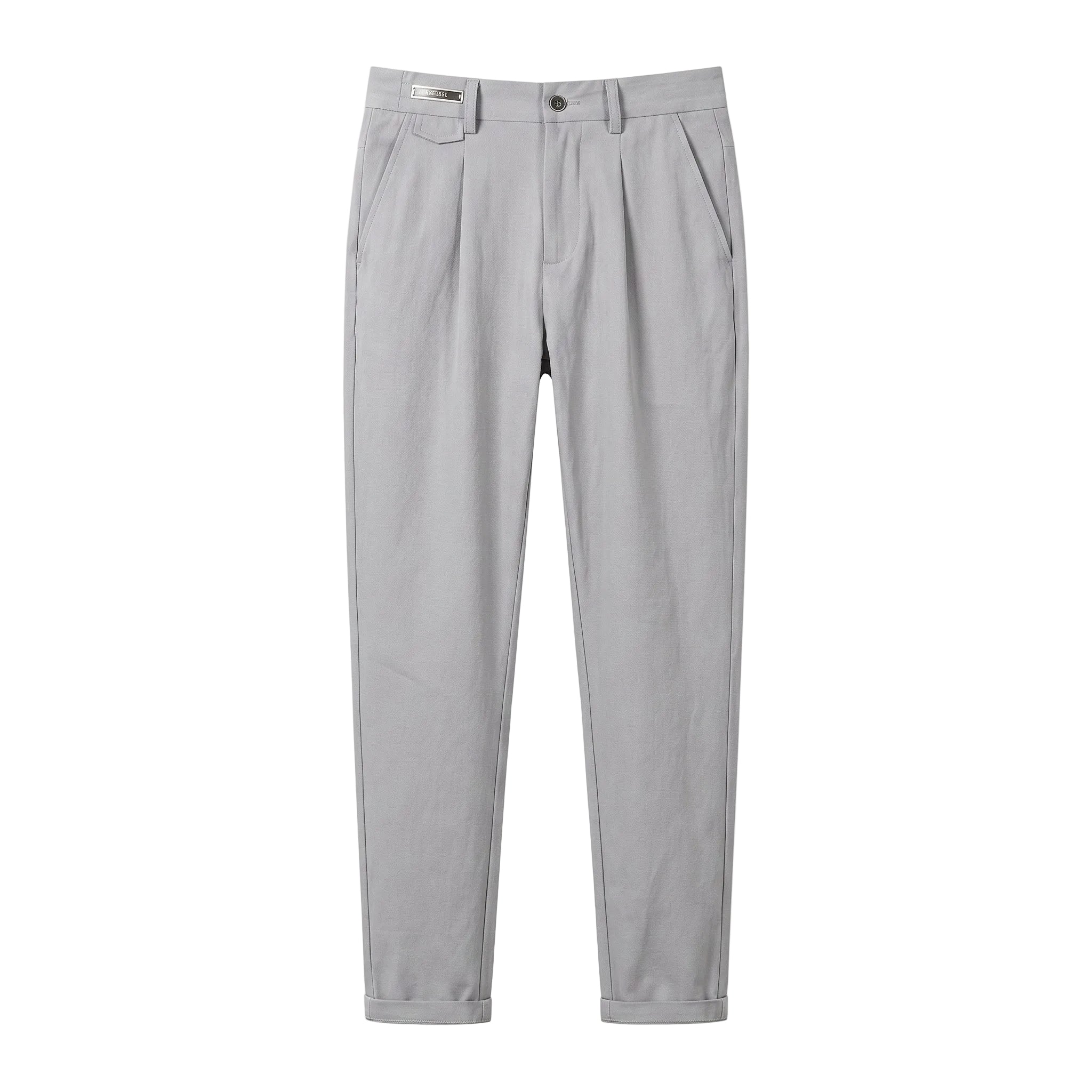 Light gray pleated tailored pants with straight legs on a white background.
