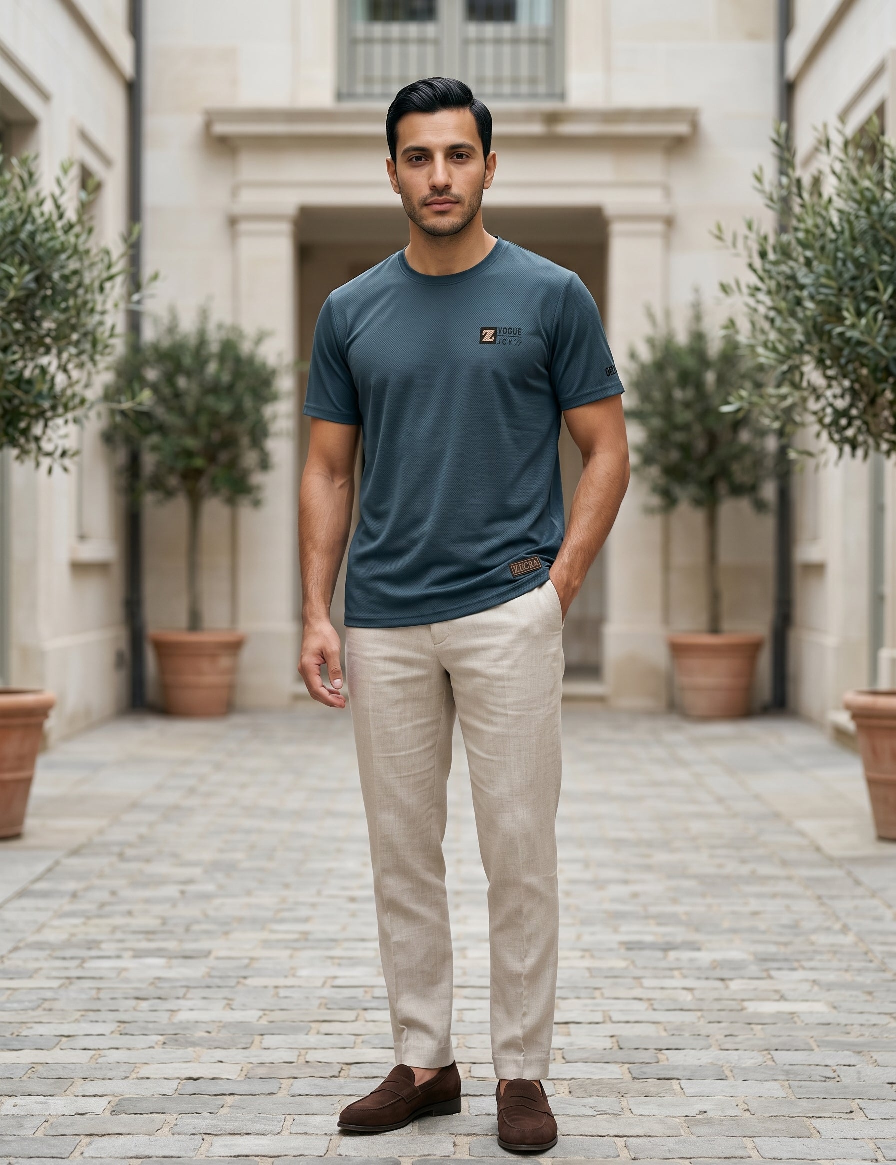 Male model wearing a dark teal blue short-sleeve T-shirt with beige pants in an outdoor walkway setting.