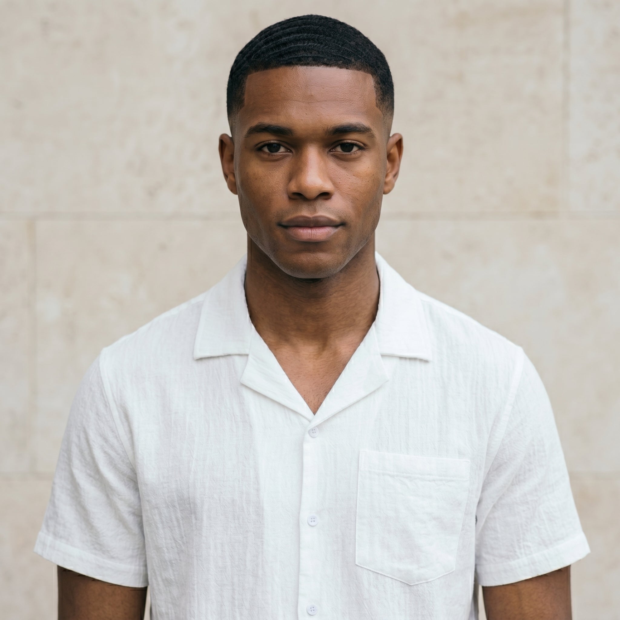 Male model wearing a white short-sleeve button-up