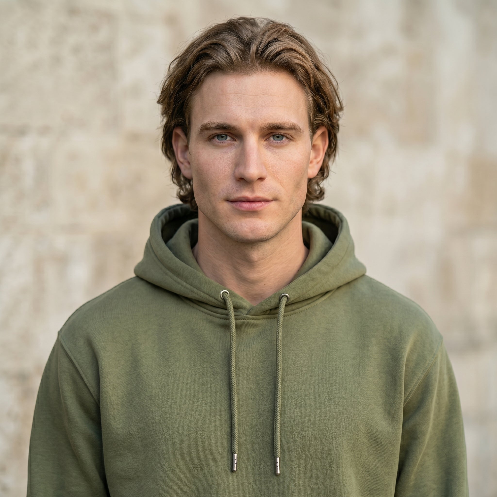 Male model wearing an olive green hooded sweatshirt and matching jogger pants against a beige stone wall.