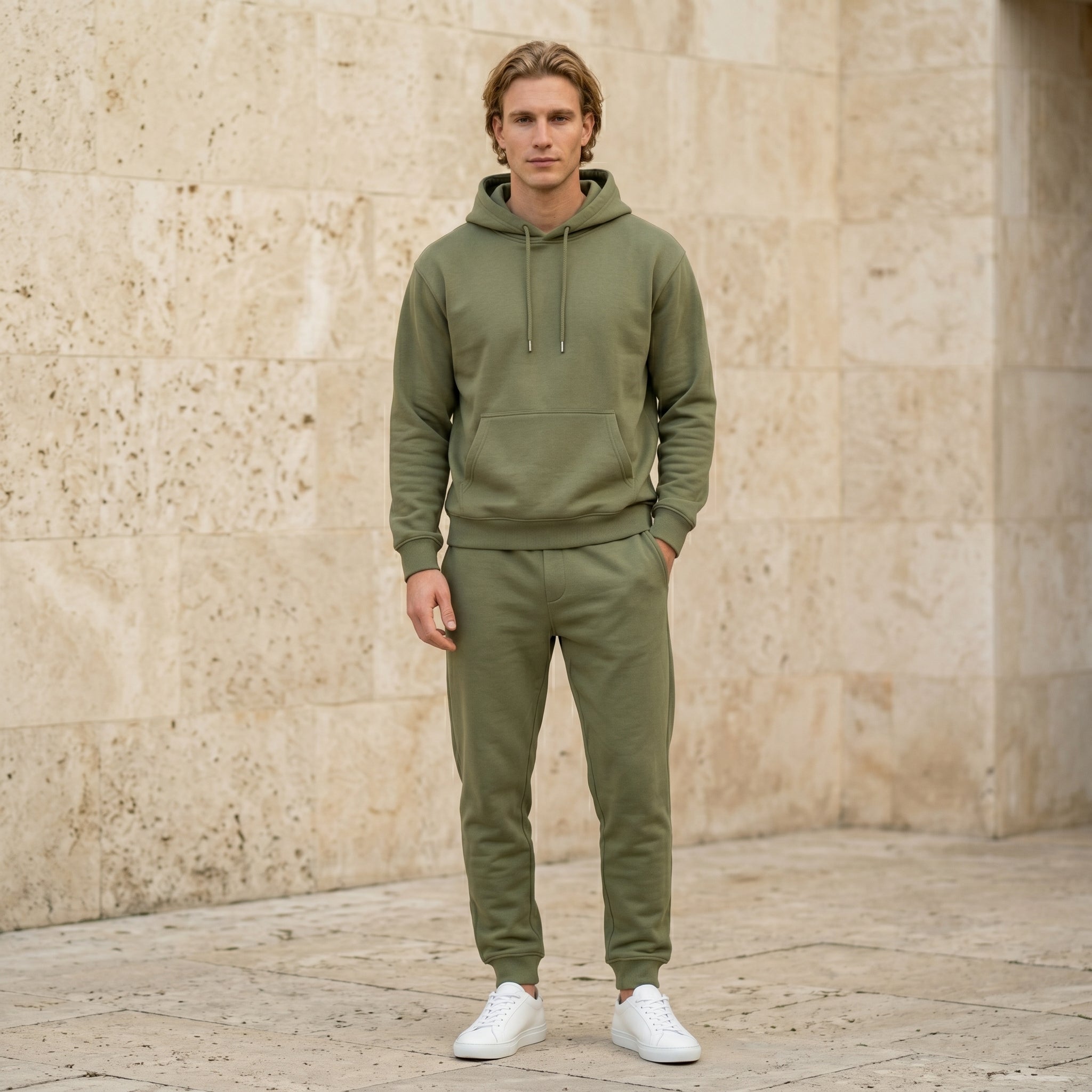 Male model wearing an olive green hoodie with matching jogger pants in a beige stone setting.