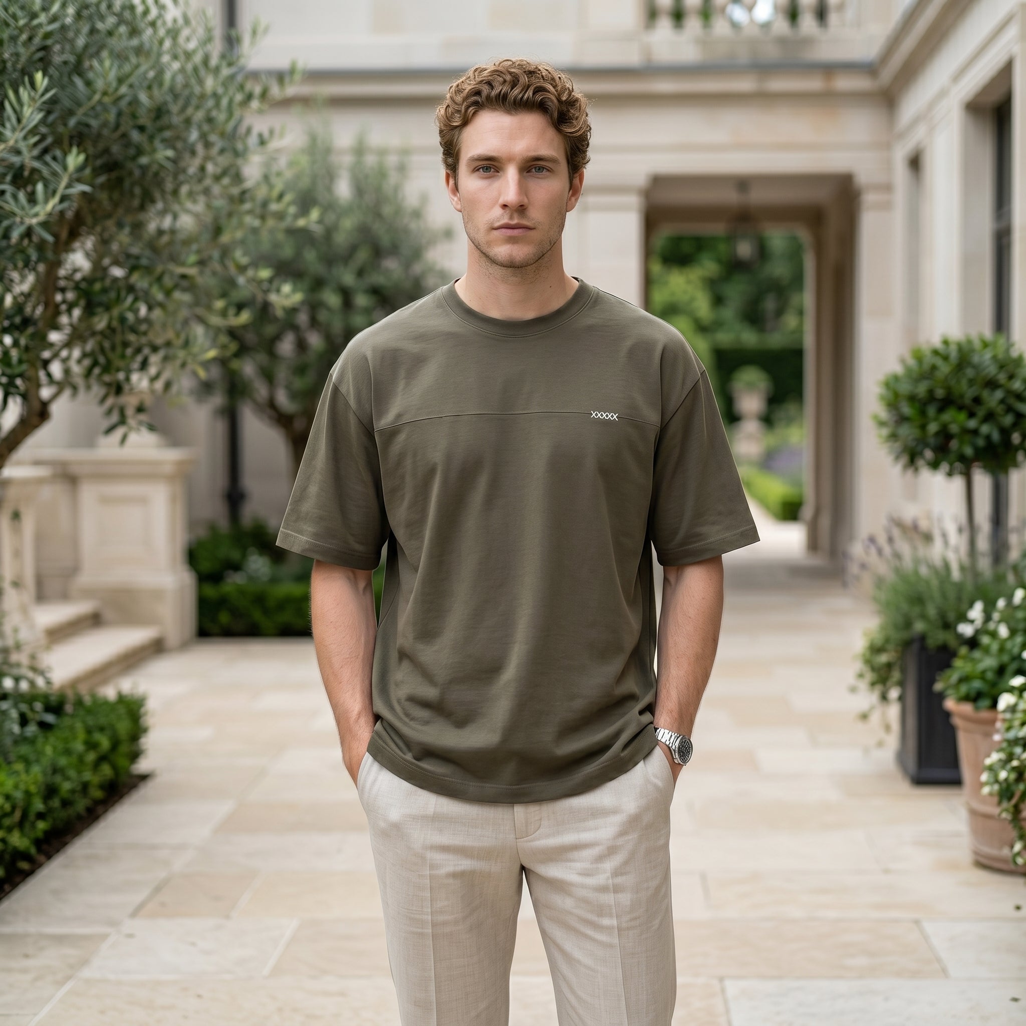 Male model wearing an olive green oversized short-sleeve T-shirt with beige pants in an outdoor walkway setting.