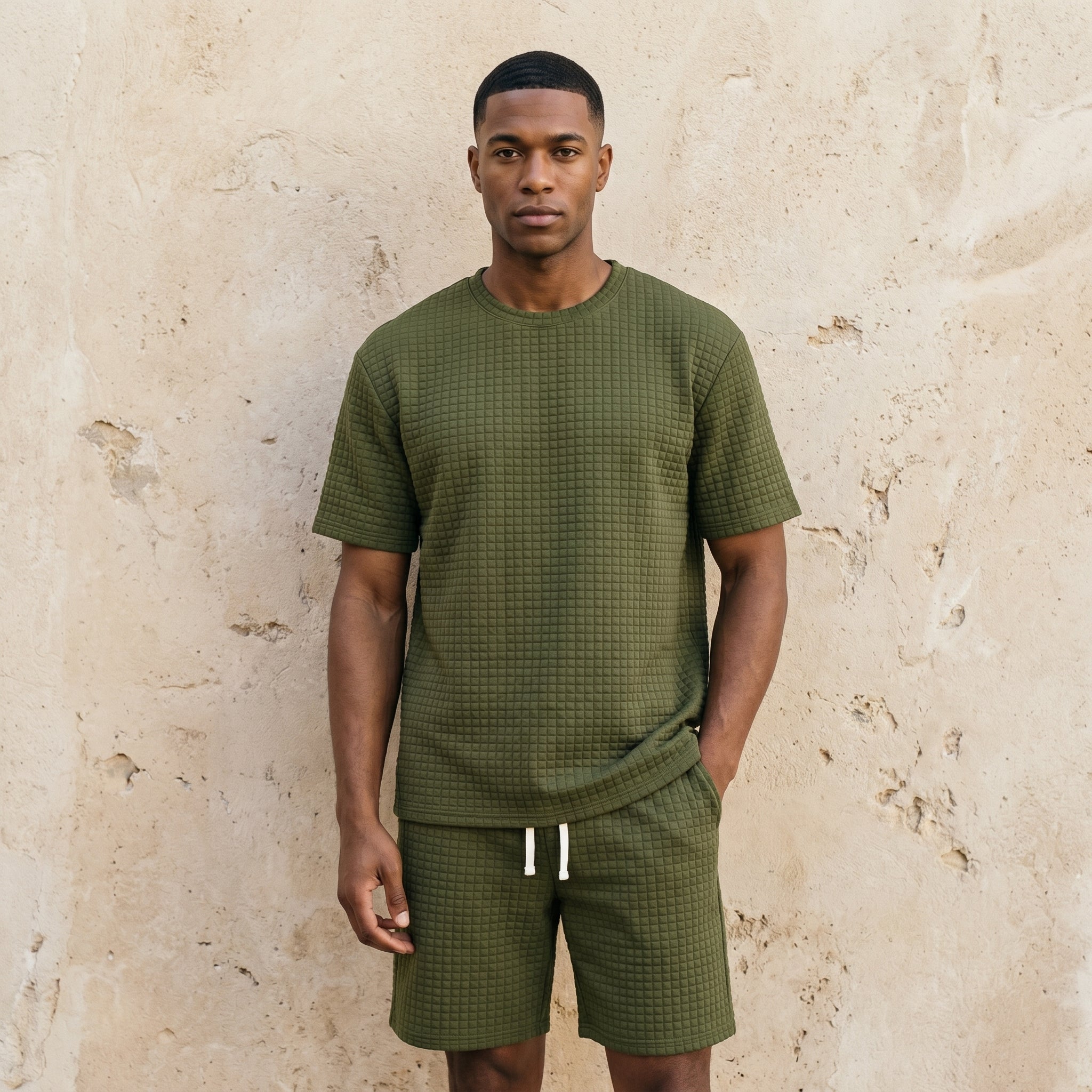 Male model wearing an olive green textured short-sleeve summer T-shirt with matching drawstring shorts against a beige wall.