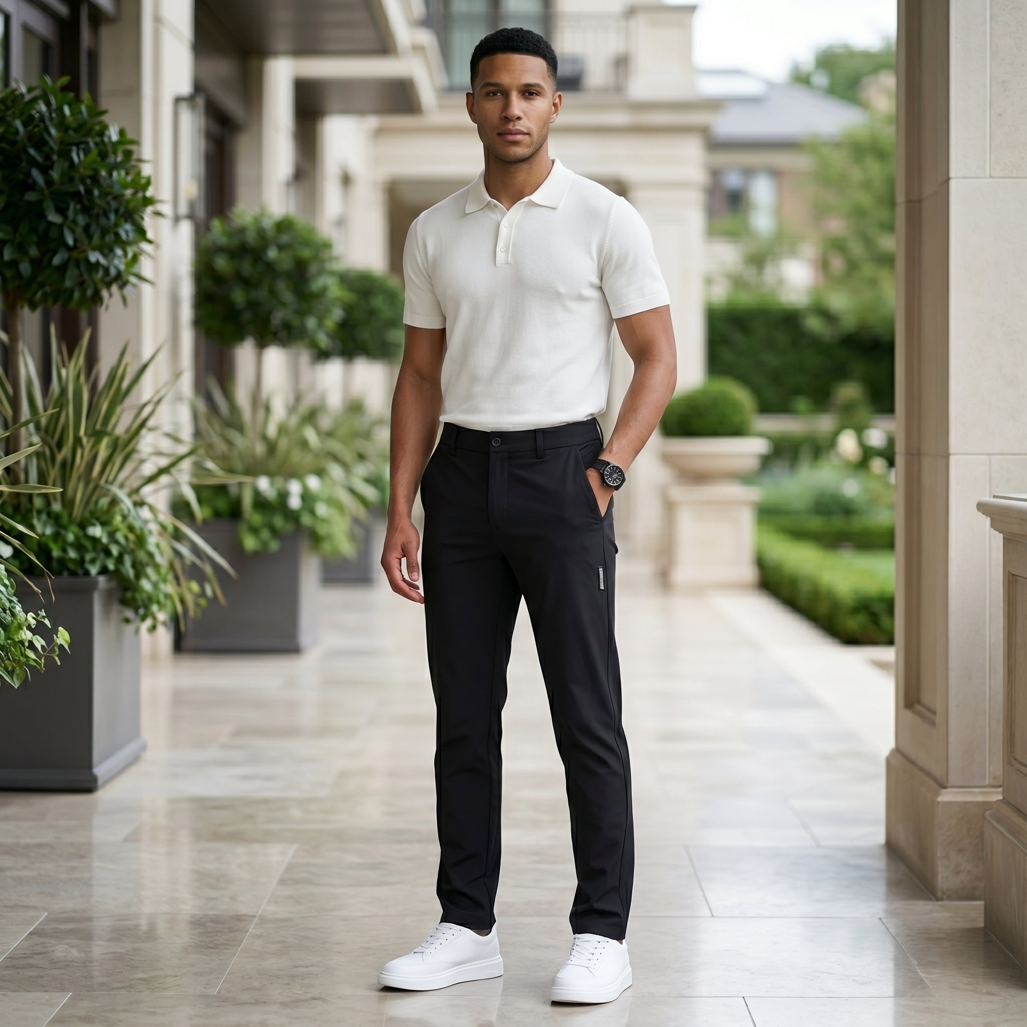 Male model wearing black casual pants with a white short-sleeve polo shirt in an outdoor walkway setting.