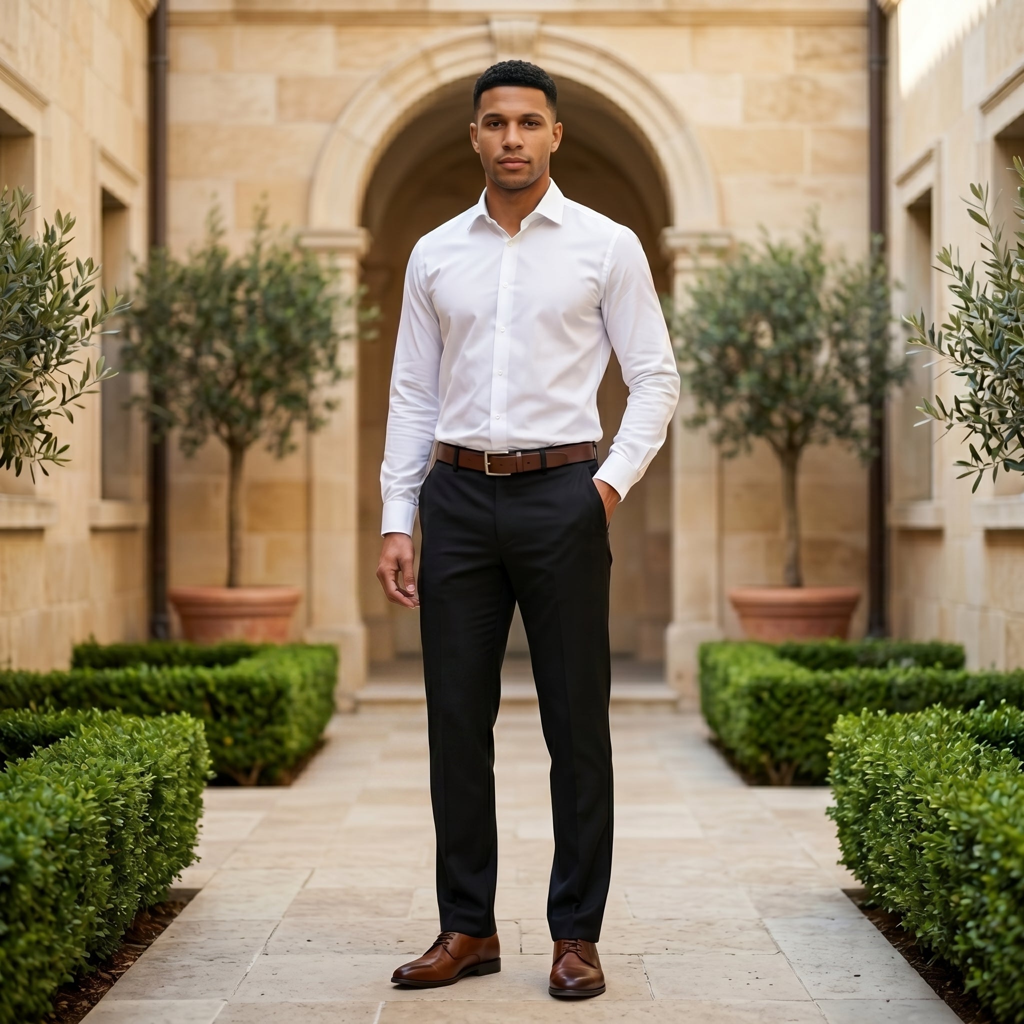 Male model wearing black tailored dress pants with a white long-sleeve shirt in an outdoor courtyard setting.