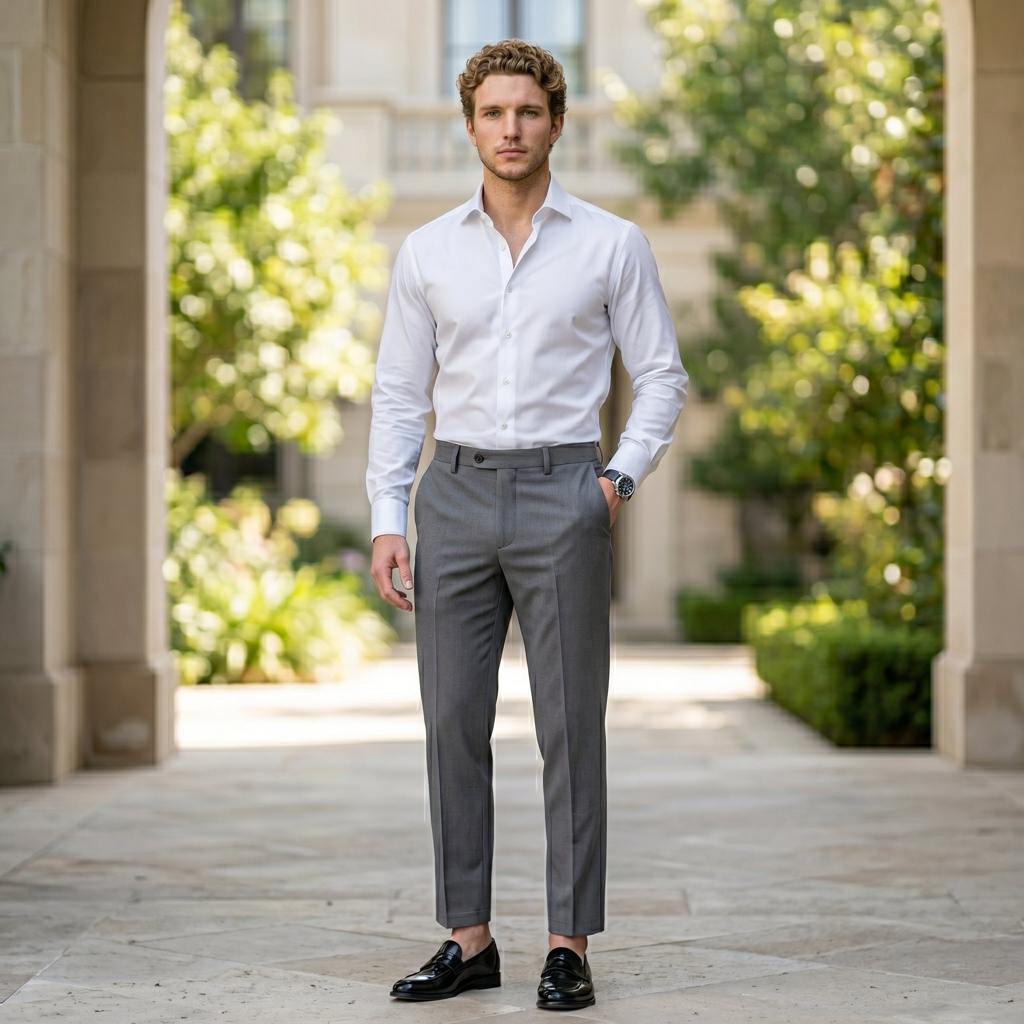 Male model wearing gray pleated tailored pants with a white long-sleeve shirt in an outdoor walkway setting.