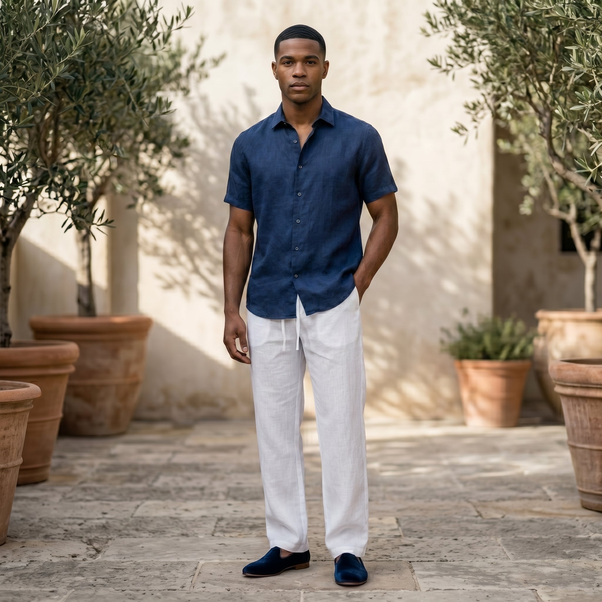 Male model wearing white relaxed-fit pants with a navy short-sleeve button-up shirt in an outdoor stone walkway setting.