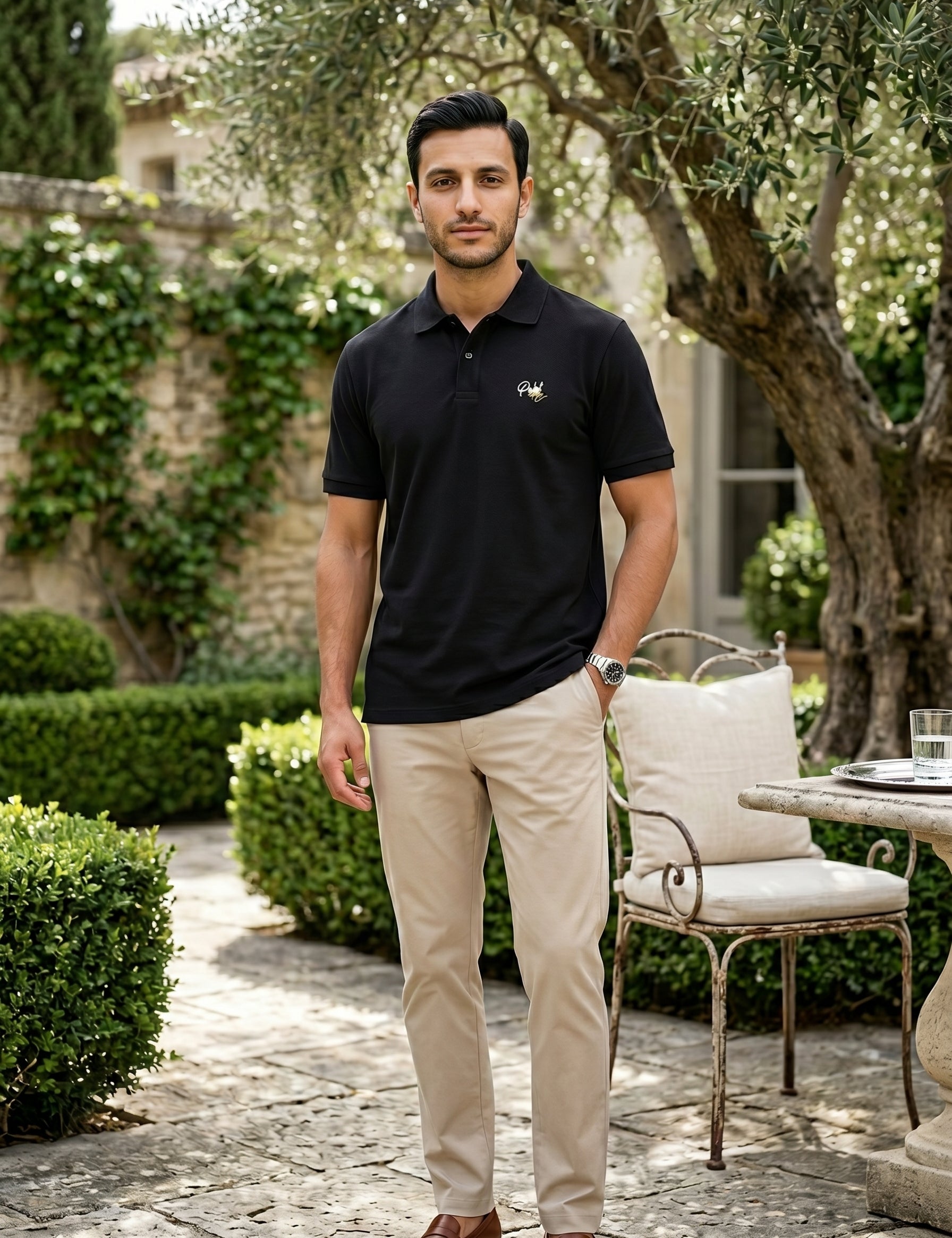 Man in a black polo shirt and beige pants standing in an outdoor setting with greenery and a table.