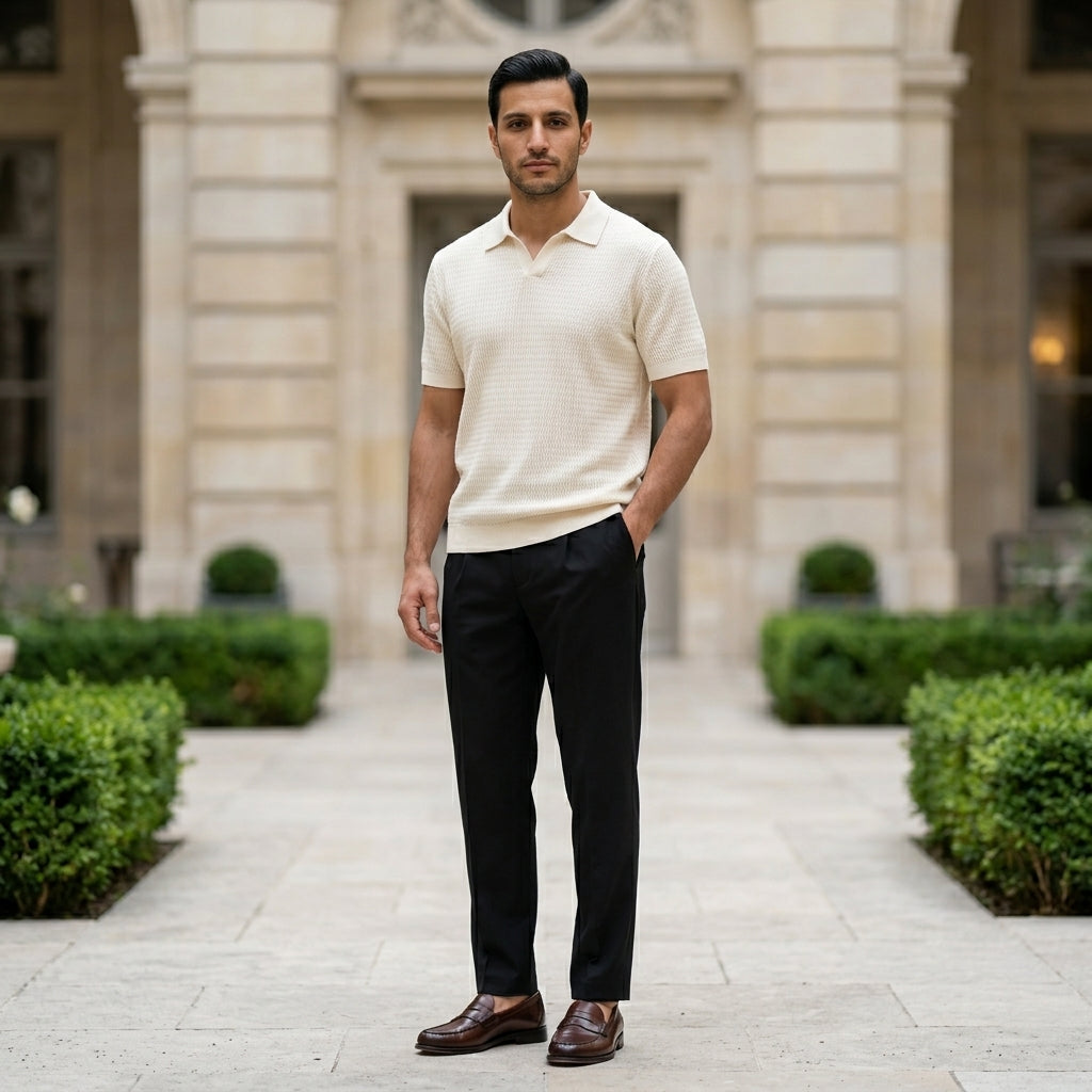 Man in a cream shirt and black pants standing in front of a building with greenery.