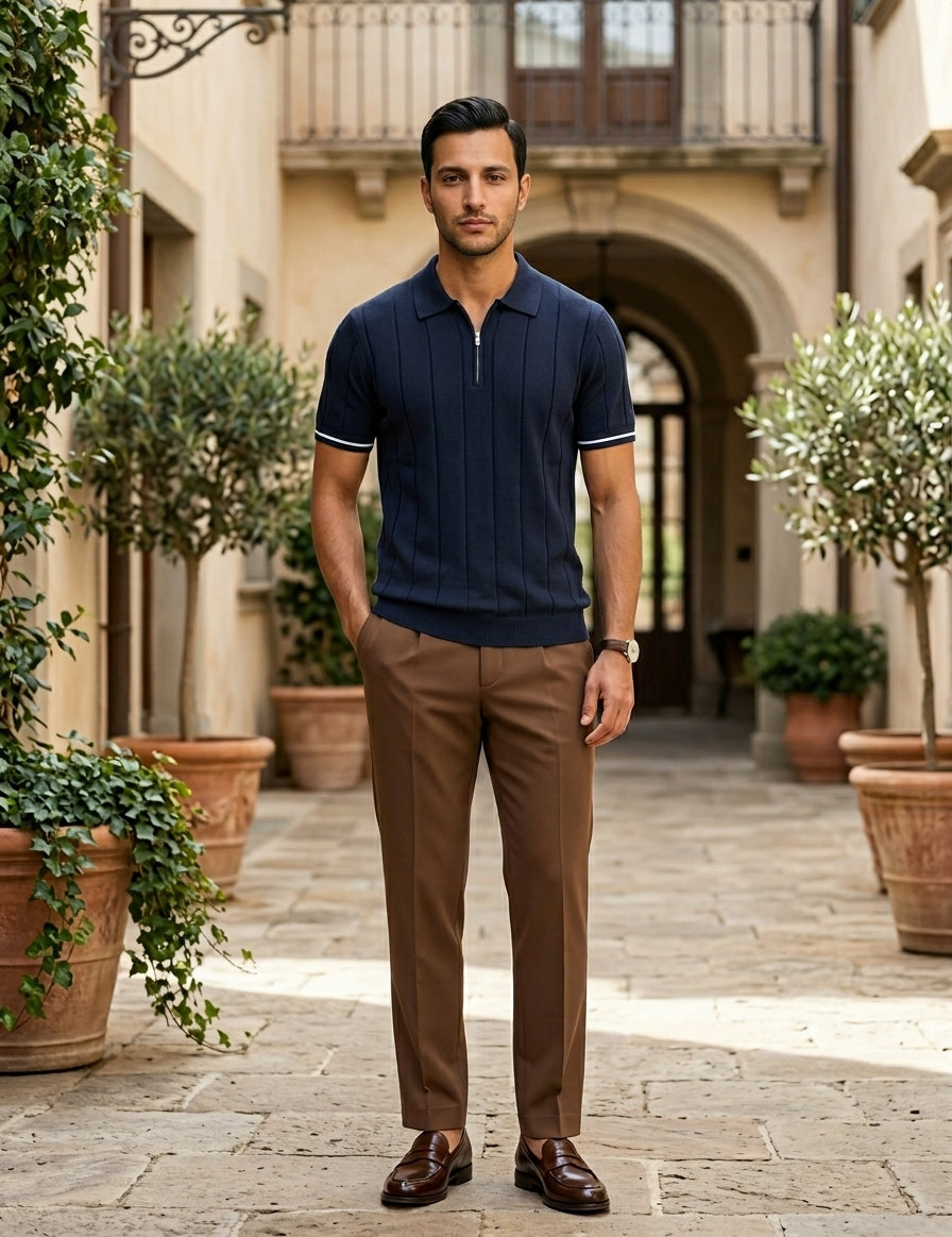 Man in navy polo shirt and brown pants standing in an outdoor setting with plants and architecture.