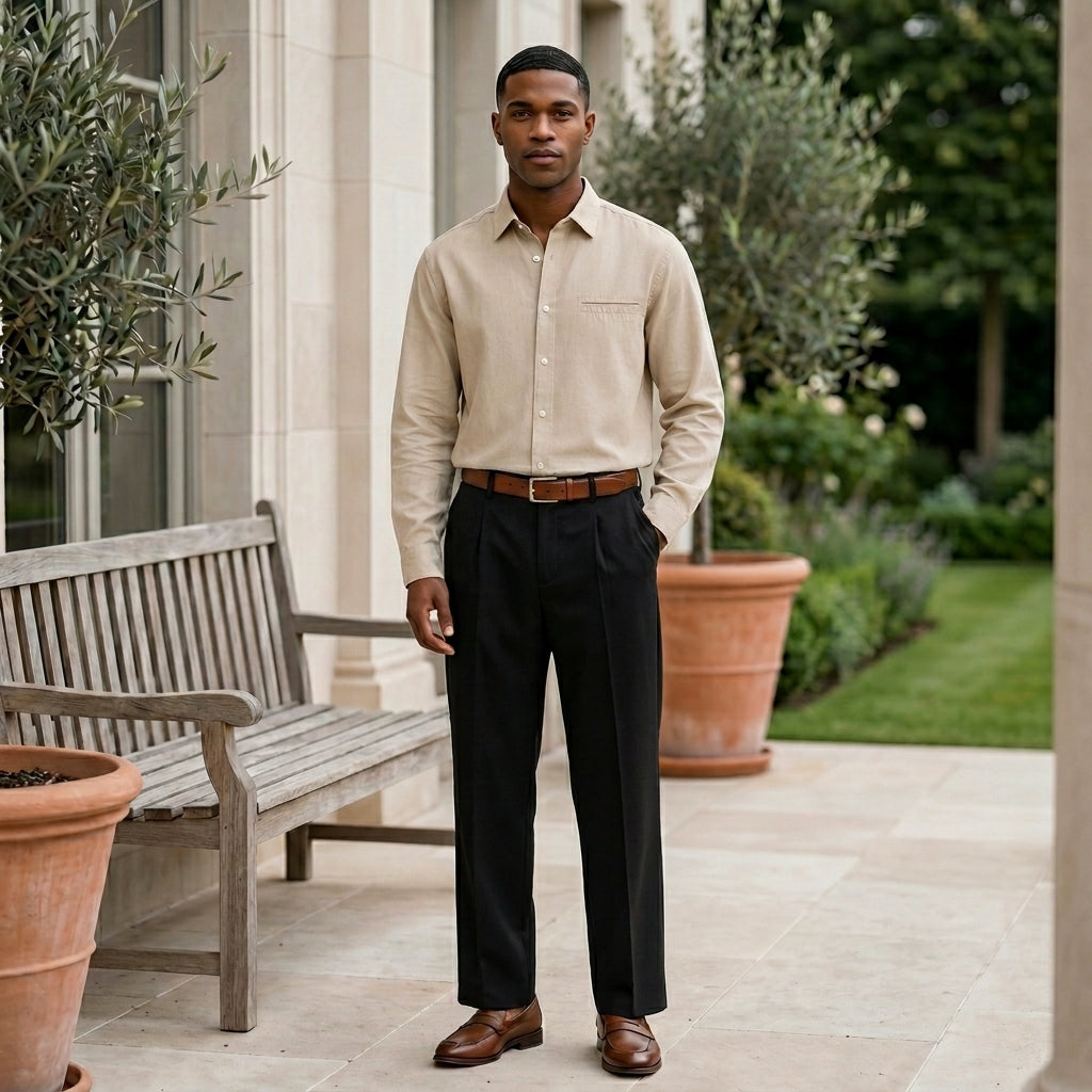 Man standing outdoors in a formal outfit with a garden background