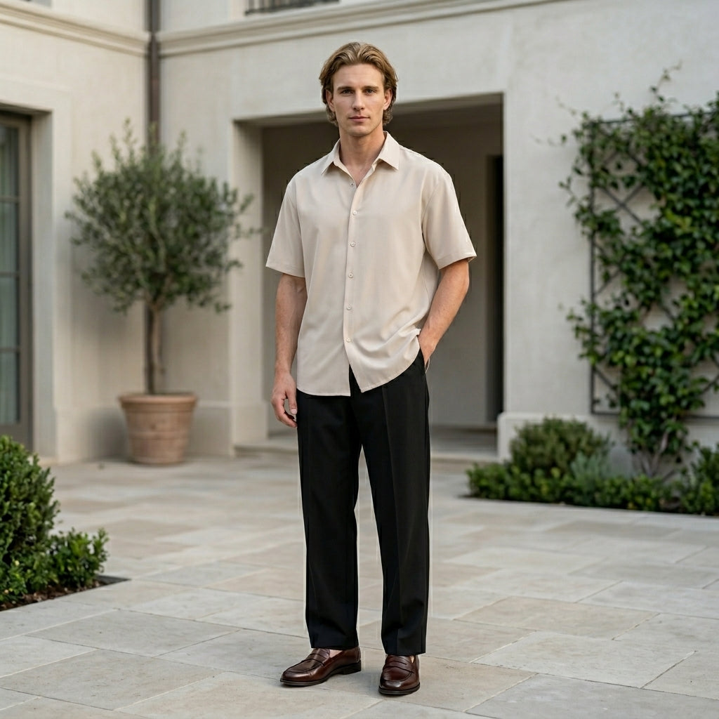 Man standing outdoors in front of a building with greenery