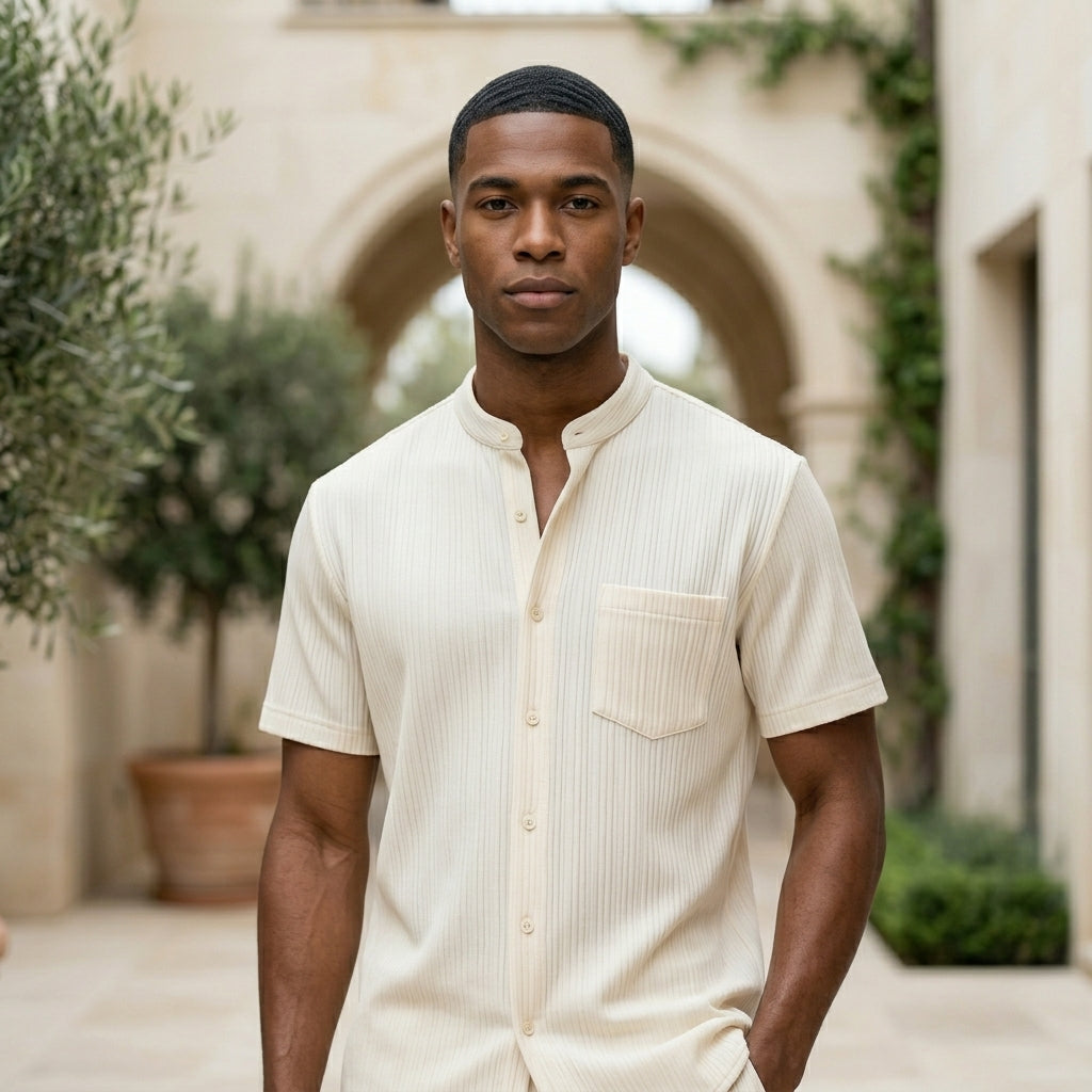Man wearing a beige button-up shirt standing in an outdoor setting with arches and plants.