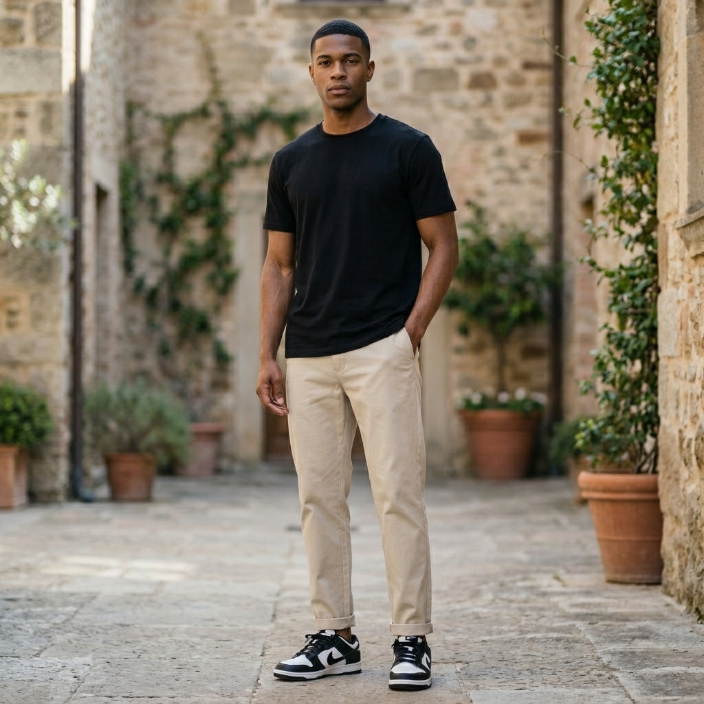 Man wearing a black t-shirt and beige pants standing in an outdoor setting with stone walls and plants.