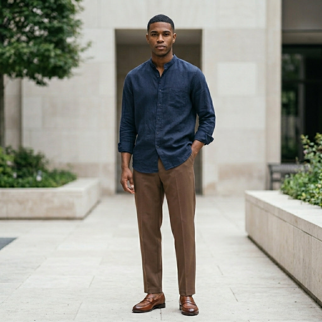 Man wearing a blue shirt and brown pants standing in an outdoor setting.