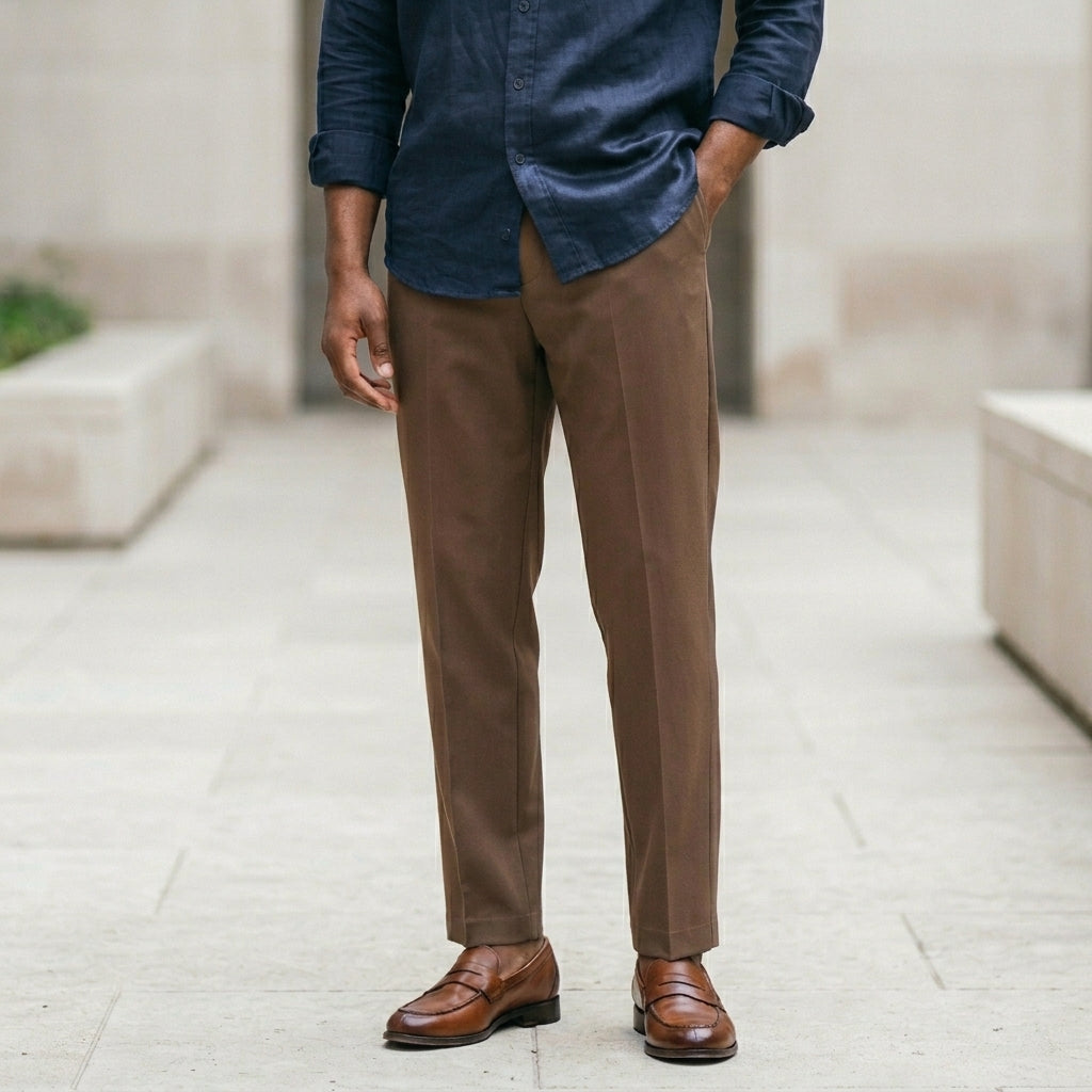 Man wearing a blue shirt, brown pants, and brown shoes on a light background