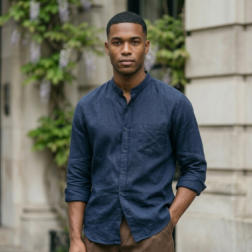 Man wearing a blue shirt standing outdoors with a building and greenery in the background