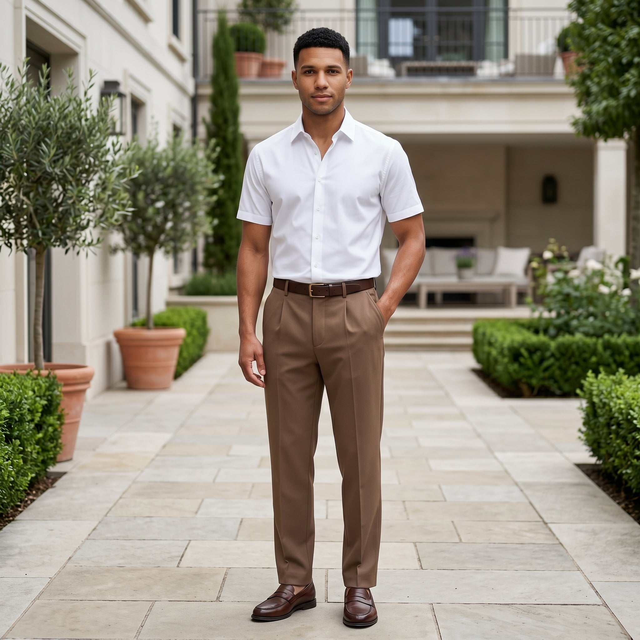 Man wearing a brown men’s pleated pocketed trousers with button waistband