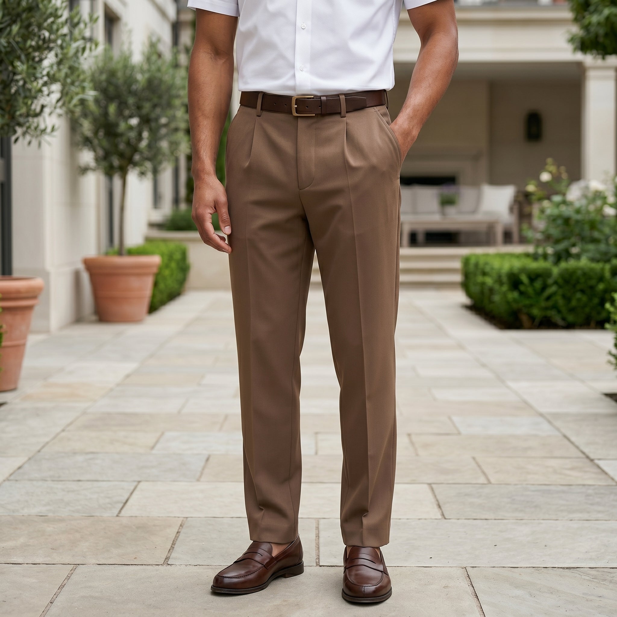 Man wearing a brown men’s pleated pocketed trousers with button waistband bottom