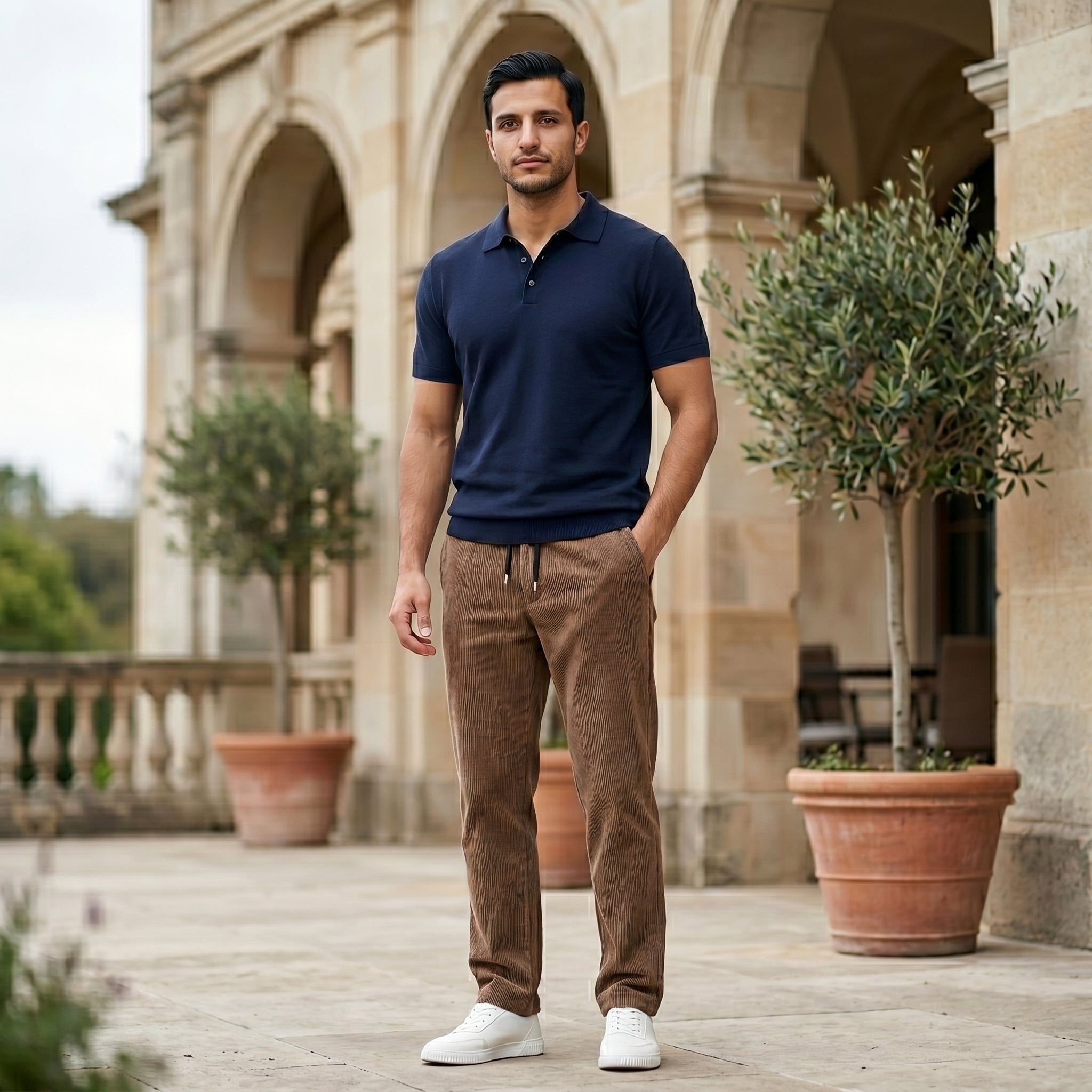 Man wearing a brown men’s ribbed drawstring pants with elastic waistband and side pockets