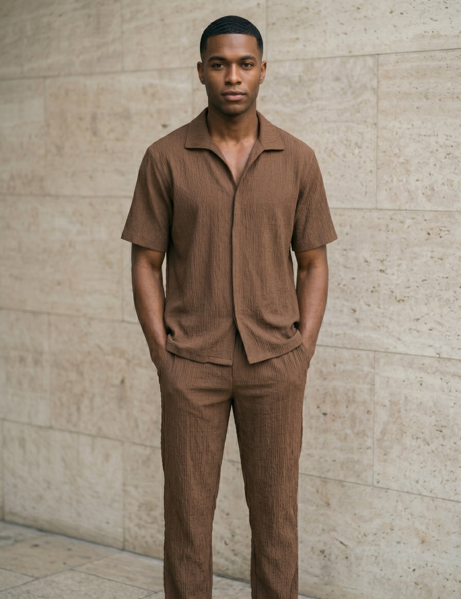 Man wearing a brown outfit standing against a beige stone wall.