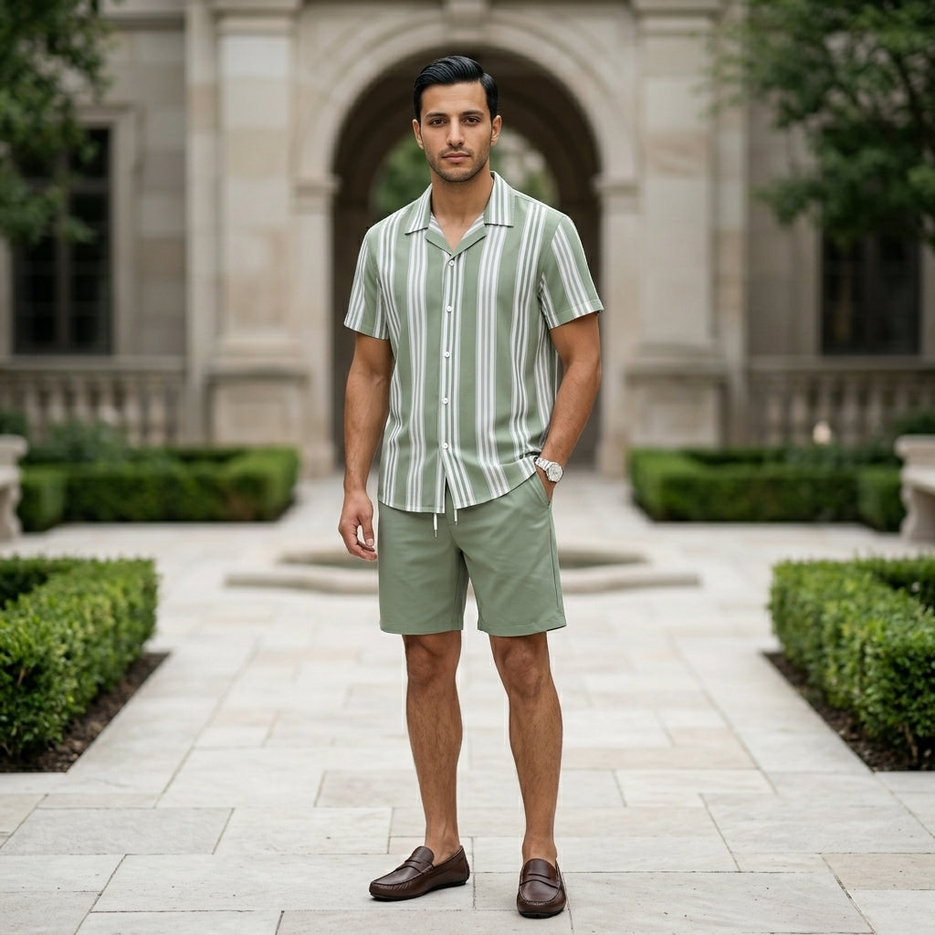 Man wearing a green and white striped shirt and shorts standing in front of a classical building.