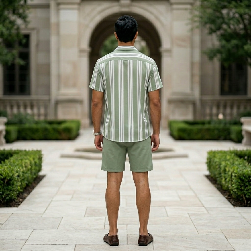 Man wearing a green and white striped shirt and shorts standing in front of a stone building.