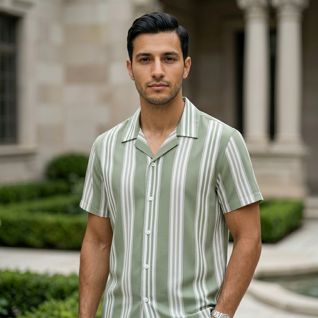 Man wearing a green and white striped shirt standing in front of a building with columns.