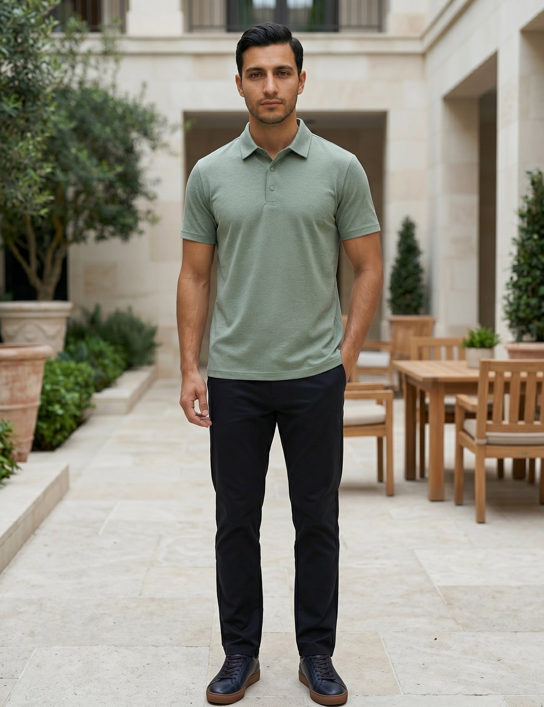 Man wearing a green polo shirt and black pants standing in an outdoor setting with tables and chairs.