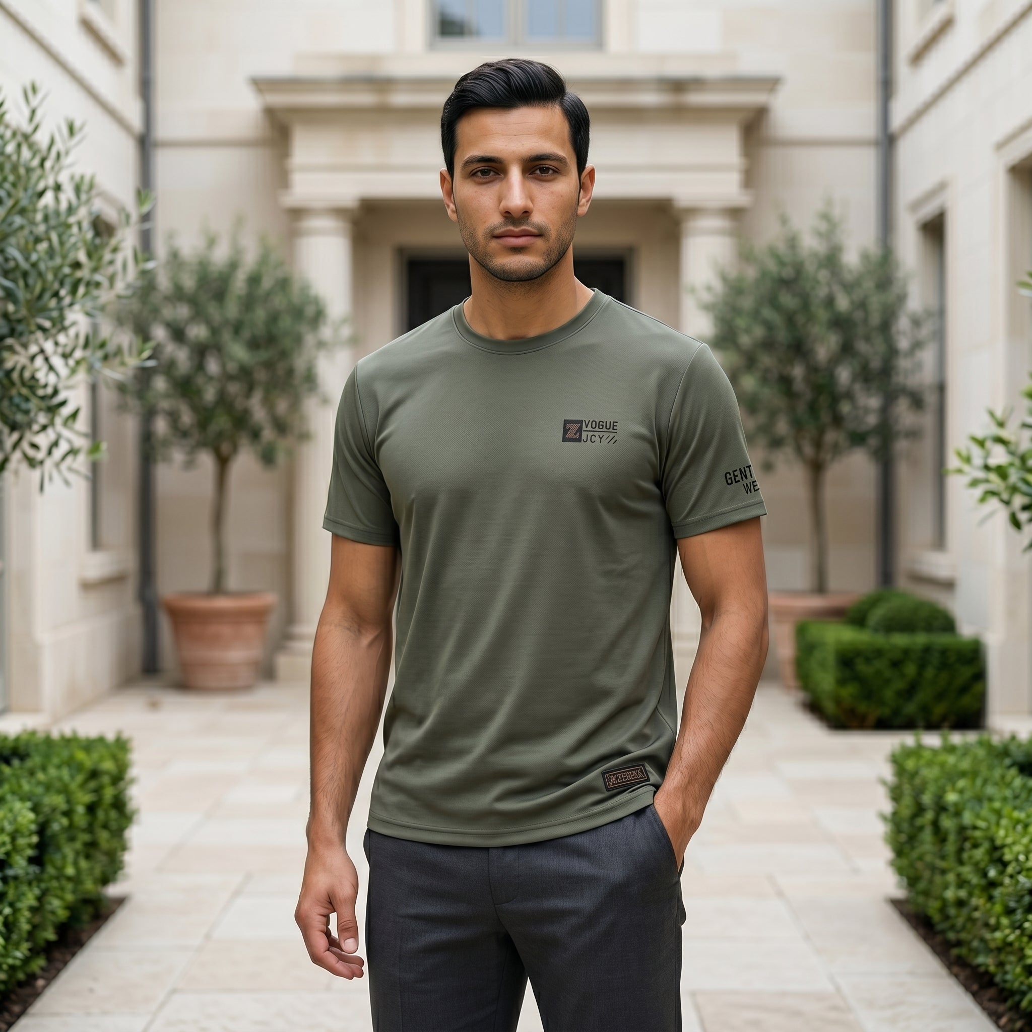 Man wearing a green t-shirt with a logo in an outdoor setting