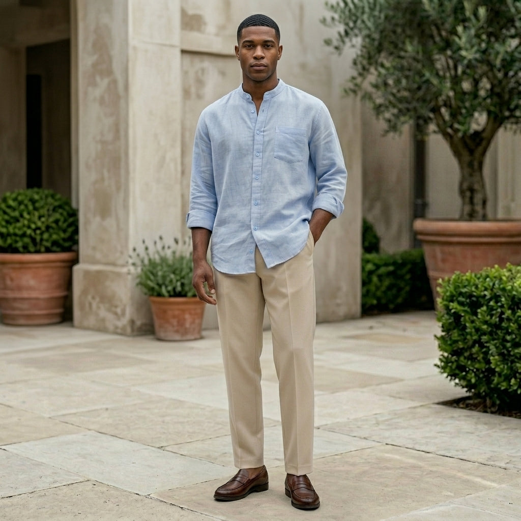 Man wearing a light blue shirt and beige pants standing in an outdoor setting with plants and stone pavement.