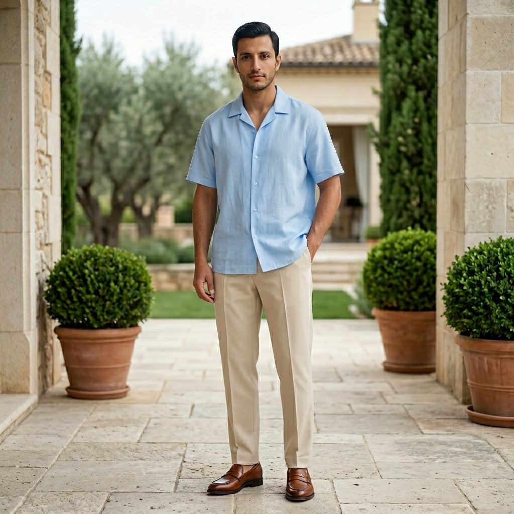 Man wearing a light blue shirt and beige pants standing outdoors near potted plants.