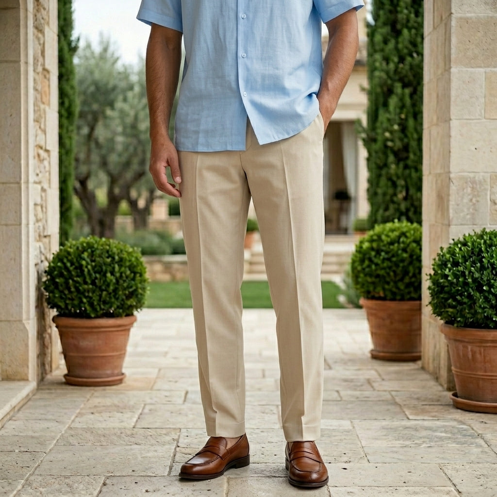 Man wearing a light blue shirt and beige pants standing outdoors with potted plants and a stone pathway.